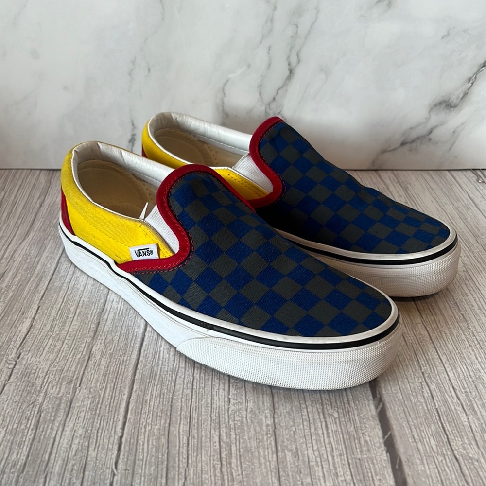 VANS Classic Slip-On OTW Rally Navy, Yellow & Red Checkerboard Skate Shoes